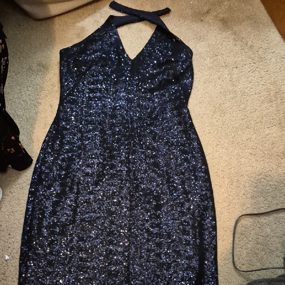 Elegant Navy Blue Sequin Halter Dress